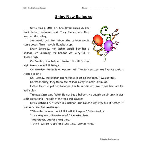 Shiny New Balloons Reading Comprehension Worksheet