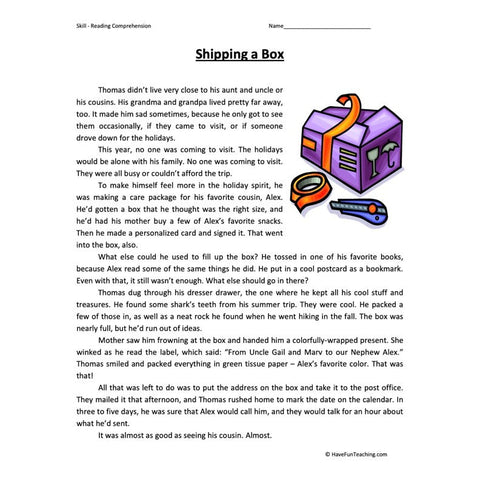 Shipping a Box Reading Comprehension Worksheet