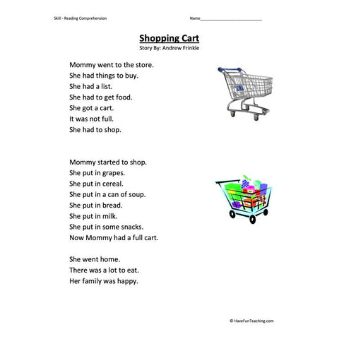 Shopping Cart Reading Comprehension Worksheet