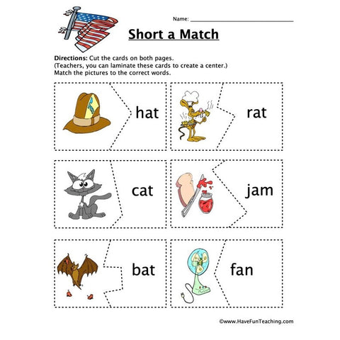 Short A Matching Worksheet