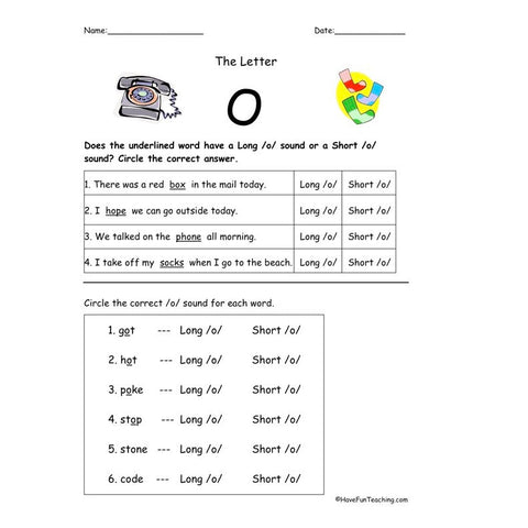 Short and Long Vowel O Worksheet