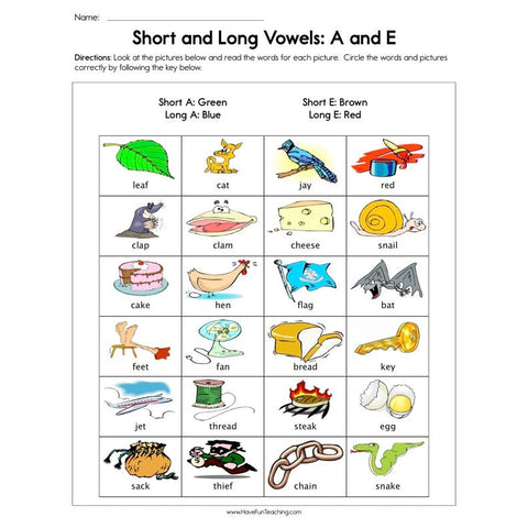 Short and Long Vowels A and E Worksheet