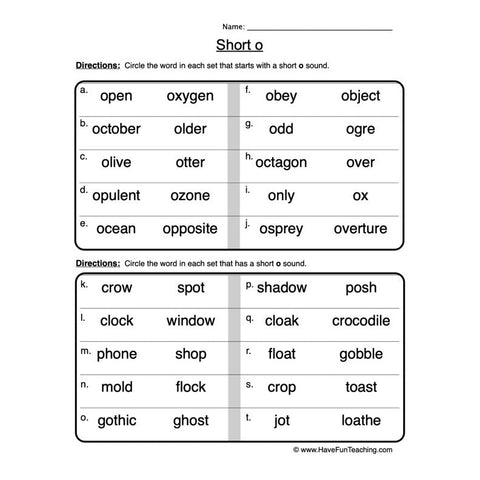 Short O Worksheet