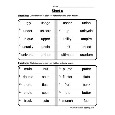 Short U Worksheet