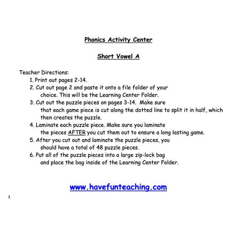 Short Vowel a Puzzle Worksheet