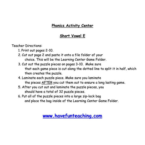 Short Vowel E Puzzle Worksheet 3