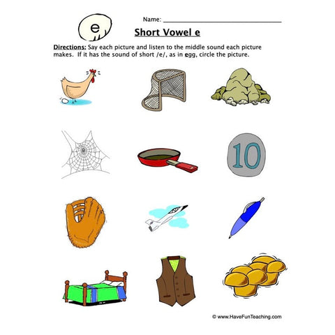 Short Vowel Sounds E Worksheet
