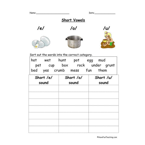 Short Vowels E O U Worksheet