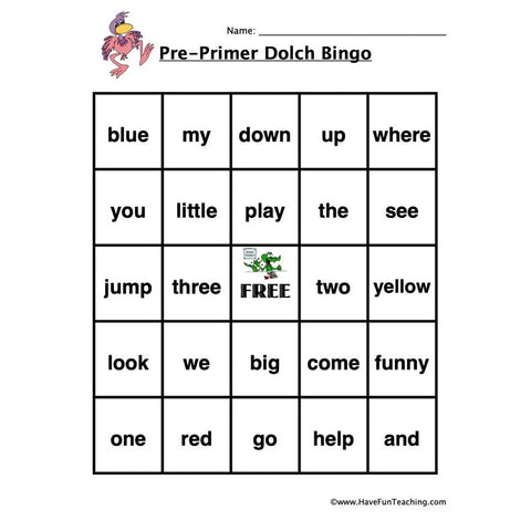 Sight Word Bingo Pre Primer Worksheet