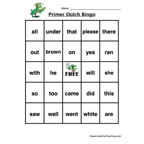Sight Word Bingo Primer Worksheet