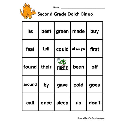 Sight Word Bingo Second Worksheet