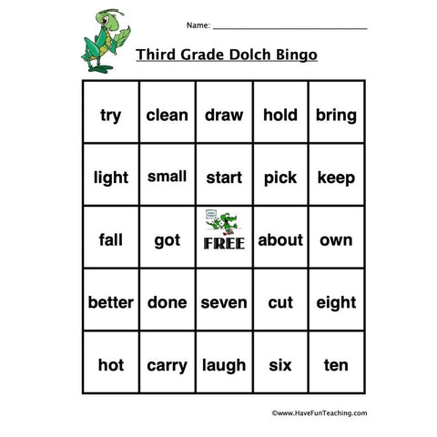 Sight Word Bingo Third Worksheet