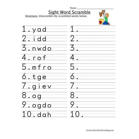 Sight Word Scramble Worksheet