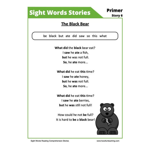 Sight Words Reading Comprehension 10 Worksheet