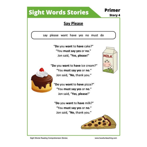 Sight Words Reading Comprehension 8 Worksheet