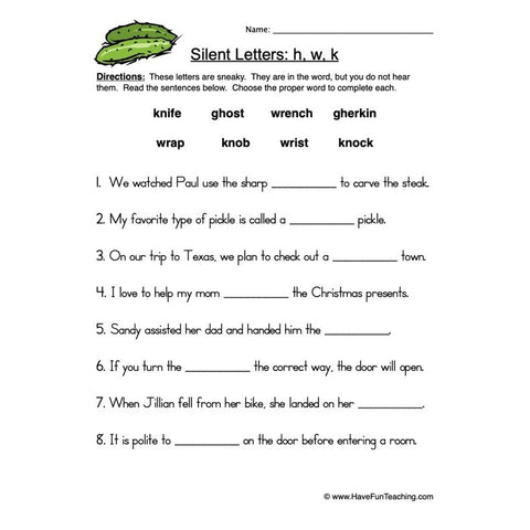 Silent Letters H W K Worksheet