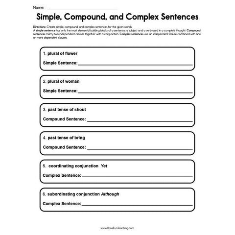 Simple Compound and Complex Sentences Worksheet