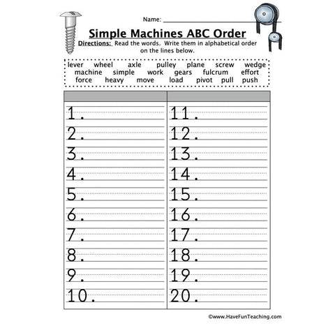 Simple Machines ABC Order Worksheet