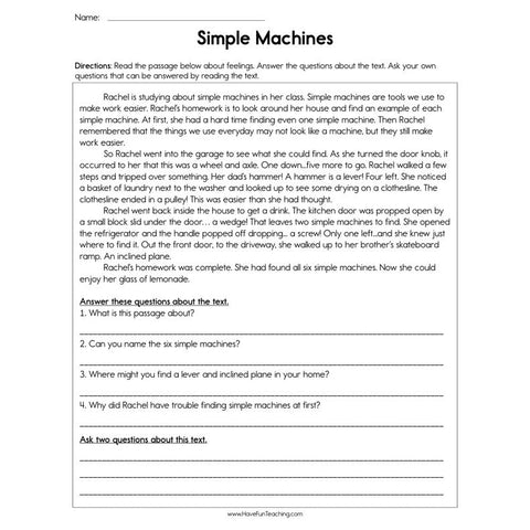 Simple Machines Reading Comprehension Worksheet
