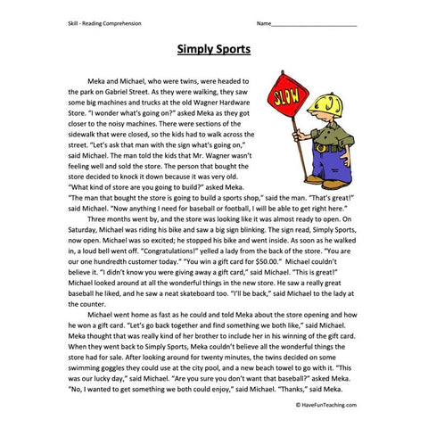 Simply Sports Reading Comprehension Worksheet