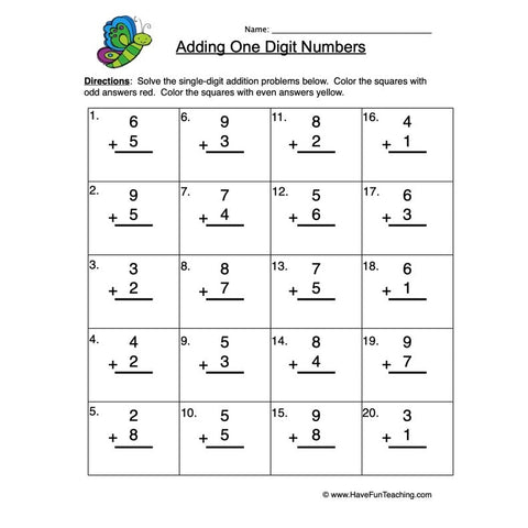 Single Digit Addition Worksheet