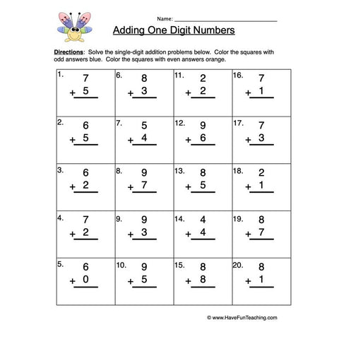 Single Digit Addition Worksheet 2
