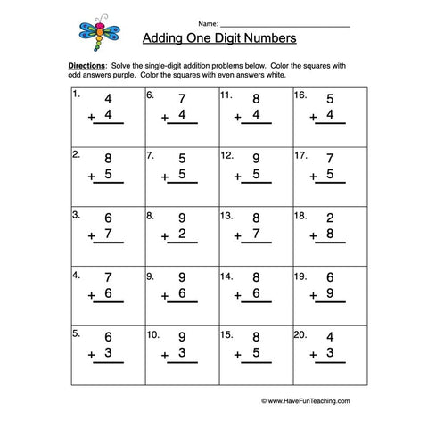 Single Digit Addition Worksheet 3