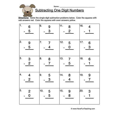 Single Digit Subtraction Worksheet
