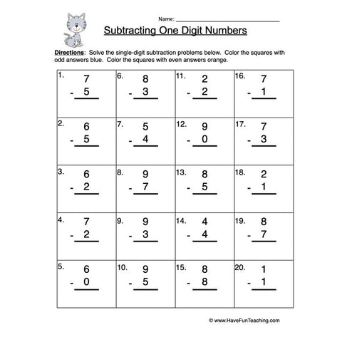 Single Digit Subtraction Worksheet 2