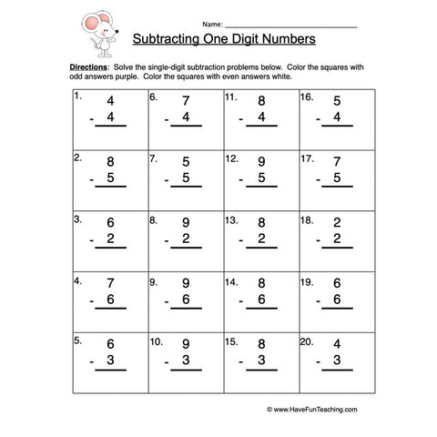 Single Digit Subtraction Worksheet 3