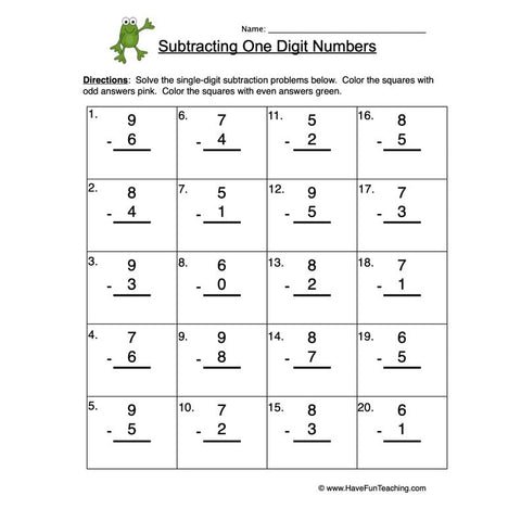 Single Digit Subtraction Worksheet 4
