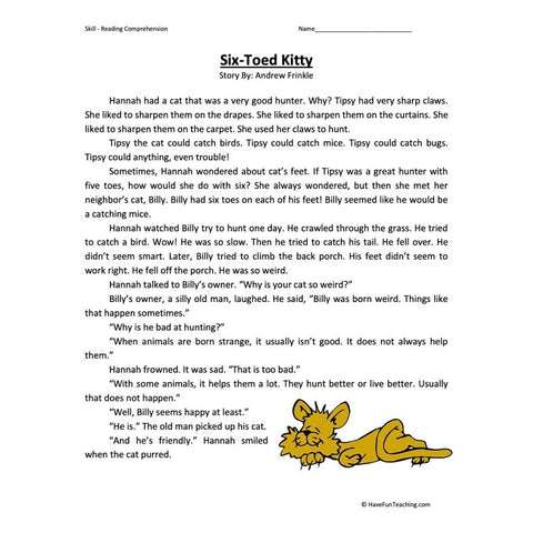 Six Toed Kitty Reading Comprehension Worksheet