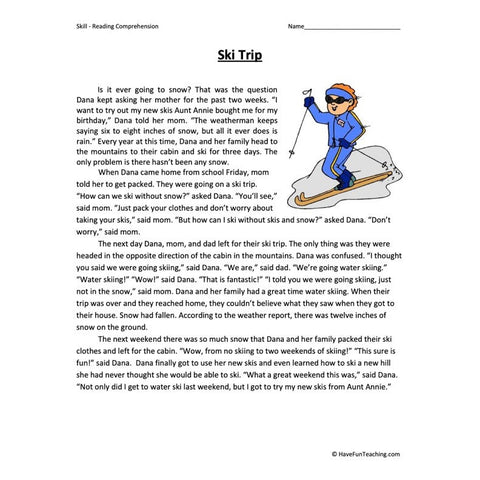 Ski Trip Reading Comprehension Worksheet