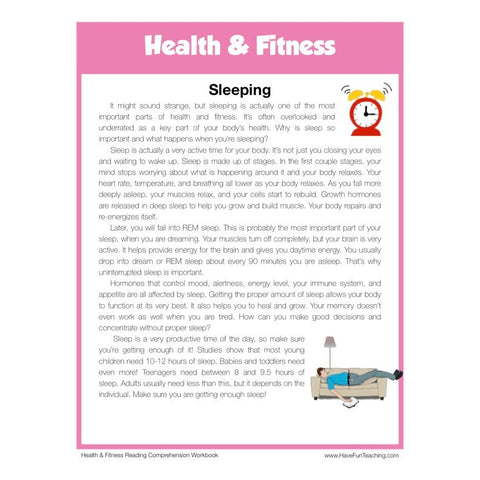Sleeping Health and Fitness Reading Comprehension Worksheet