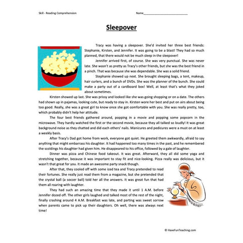 Sleepover Reading Comprehension Worksheet