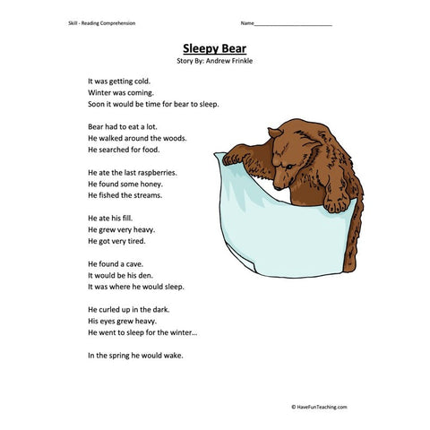 Sleepy Bear Reading Comprehension Worksheet