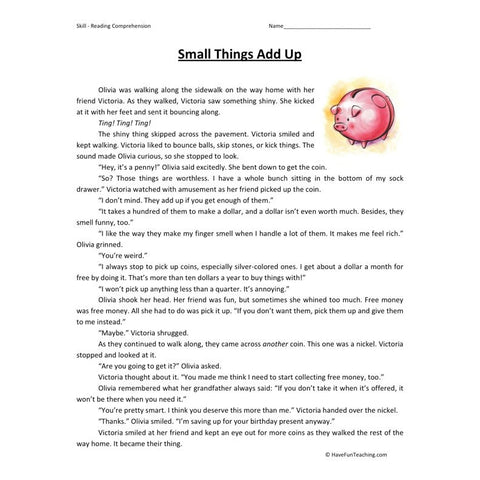 Small Things Add Up Reading Comprehension Worksheet