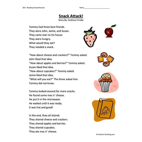 Snack Attack Reading Comprehension Worksheet