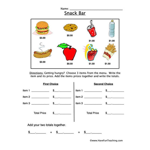 Snack Bar Money Worksheet