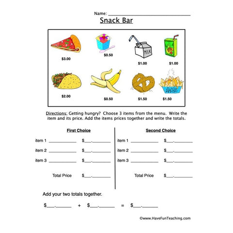 Snack Bar Money Worksheet 2