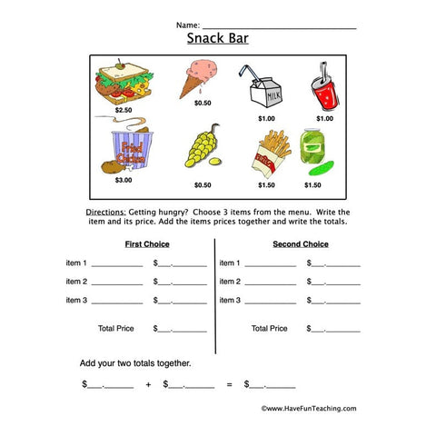 Snack Bar Money Worksheet 3