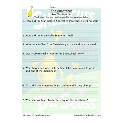 Sneetches Reading Comprehension Worksheet
