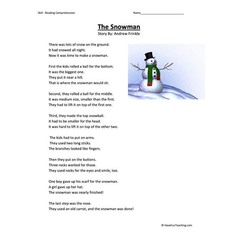 Snowman Reading Comprehension Worksheet