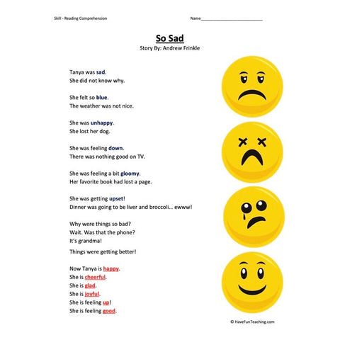 So Sad Reading Comprehension Worksheet