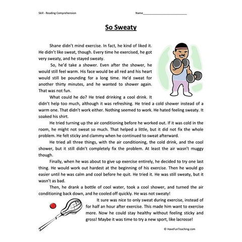 So Sweaty Reading Comprehension Worksheet