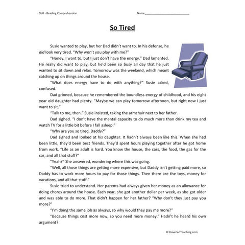 So Tired Reading Comprehension Worksheet