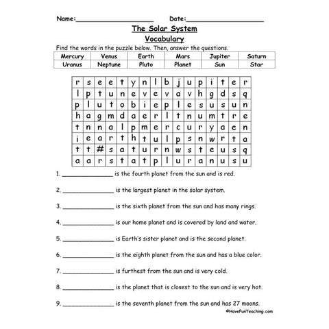 Solar System Vocabulary Worksheet