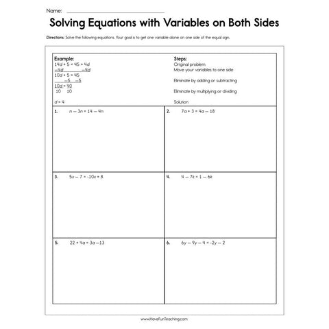Solving Equations with Variables on Both Sides Worksheet