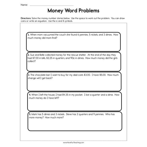 Solving Money Word Problems Worksheet