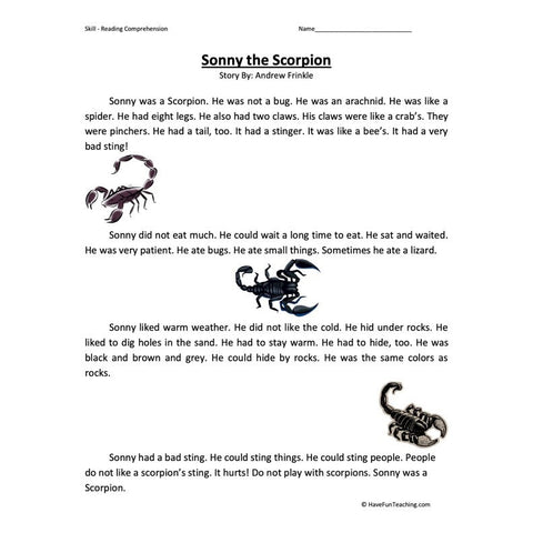 Sonny the Scorpion Reading Comprehension Worksheet